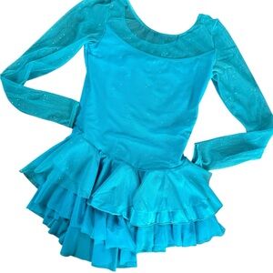 Mondor Figure Skate Dress, Sparkling Blue, Sheer Sleeves, Size Adult Small